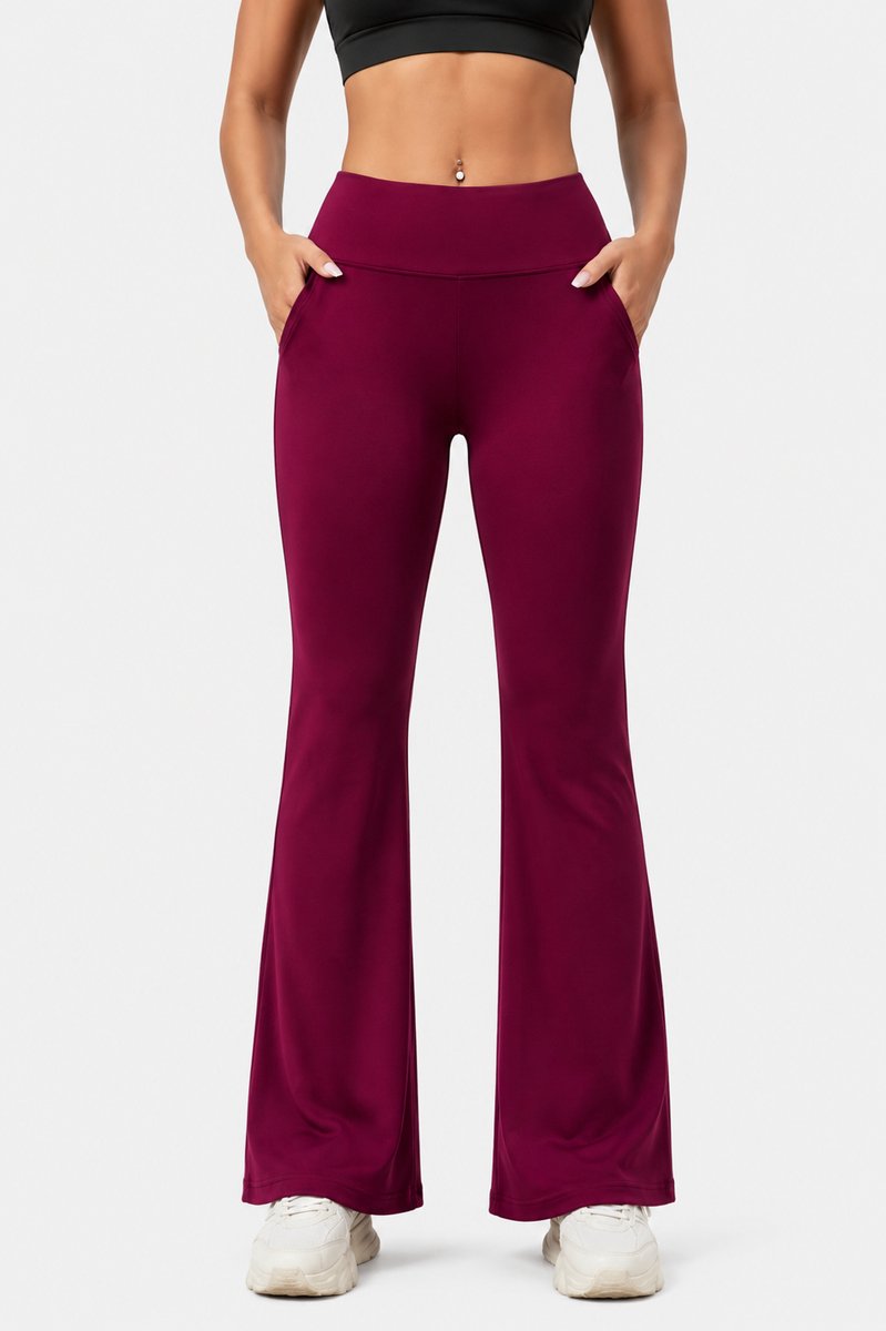 SparkNine Horizon flare broek - dames legging met zakken - petite pijplengte - XL - rood - hoge taille - stijlvol & elastisch - sportlegging