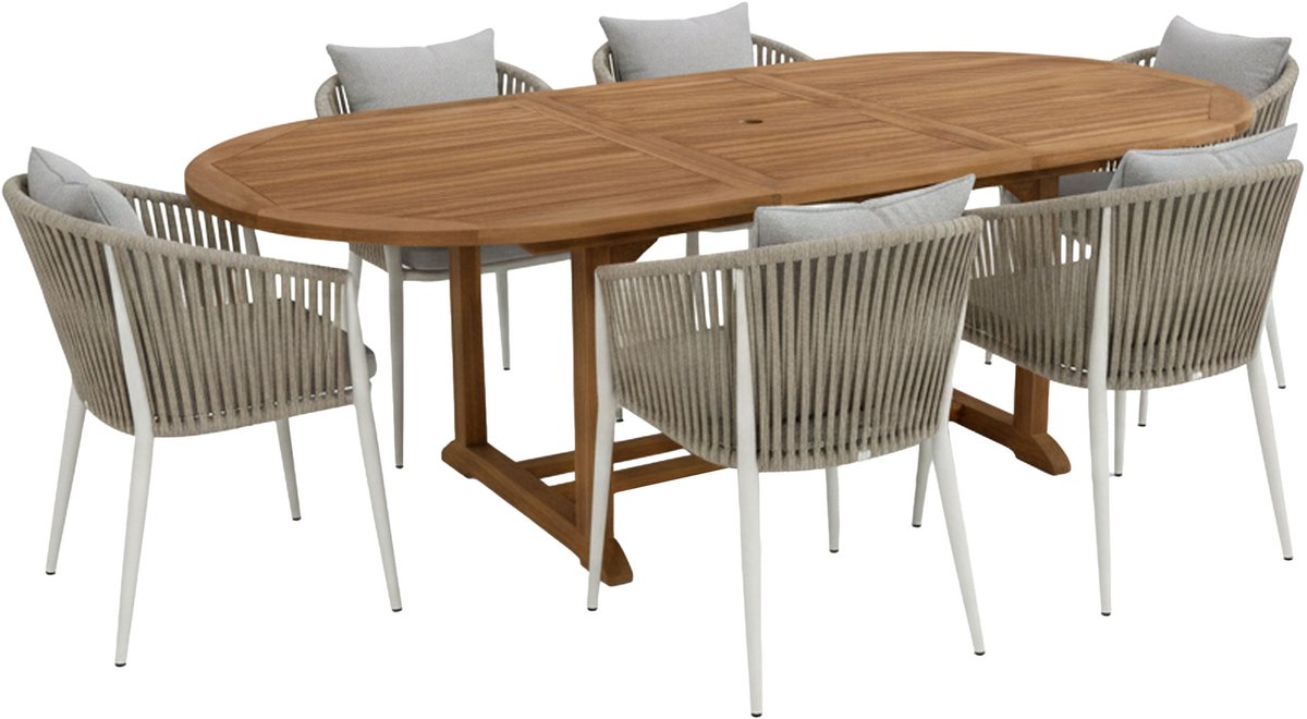 AXI Marzi/Faye 180-240 cm Dining Tuinset 7-delig Teak/Beige - Uitschuifbaar – Tuinset 6 Personen – Ovale Houten Tuintafel 180–240 cm – Aluminium Tuinstoelen met Kussens – Luxe Tuinmeubelen Set voor Terras en Tuin