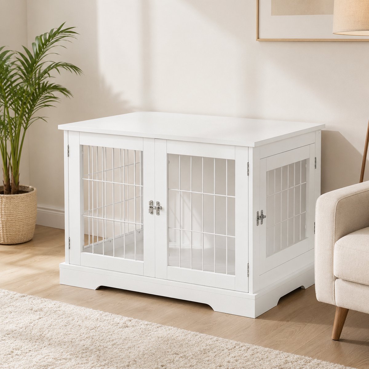 Hondenbench - Bench –Hondenkooi - Hondenhok - Hondenbox - Voor Honden –Salontafel - Met twee afsluitbare deuren - 76 x 54.5 x 56 cm - Wit