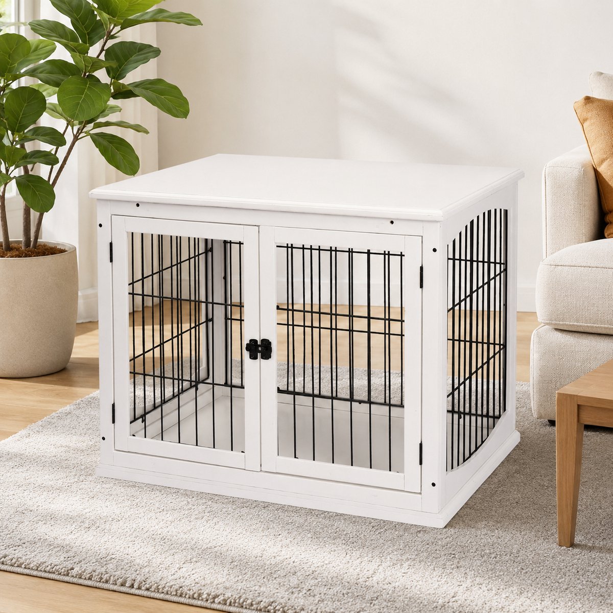 Hondenbench - Bench –Hondenkooi - Hondenhok - Hondenbox - Hondenhok voor binnen - Draagvermogen tot 30 kg - 58.5 x 81 x 66 cm - Wit