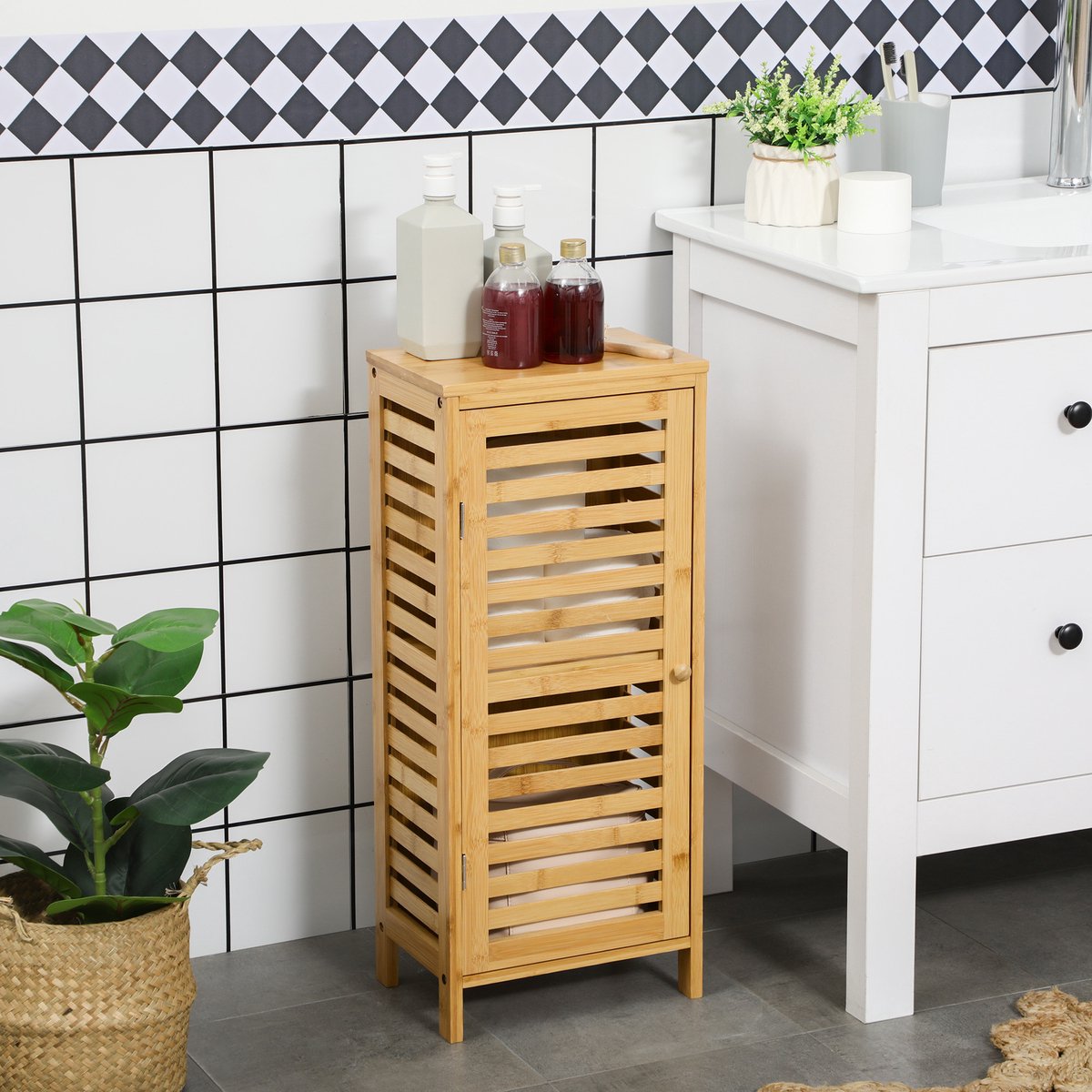 REDOM - Badkamerkast - Lameldeur - Verstelbare Plank - Bamboe - Natuur - 30 X 19,9 X 70 Cm