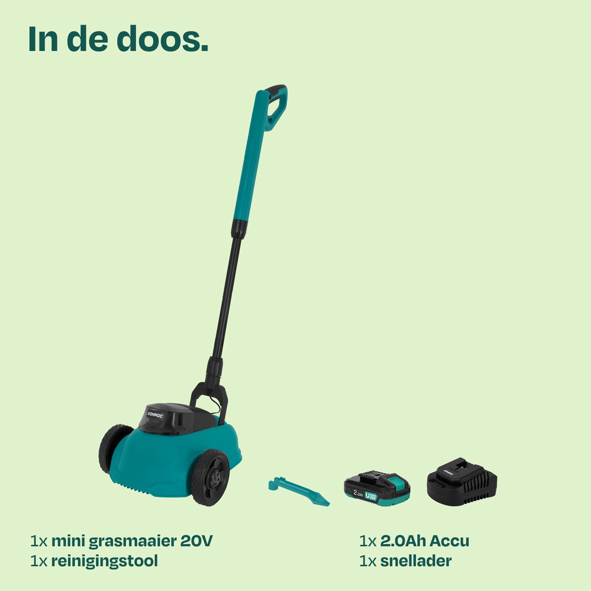 VONROC Mini Elektrische Grasmaaier 20V – 22 cm – Maaien en mulchen in één - Drie instelbare maaihoogtes: 30mm, 40mm, 50mm –- Incl. reinigingstool - incl. 2.0Ah Accu en snellader – foto 5