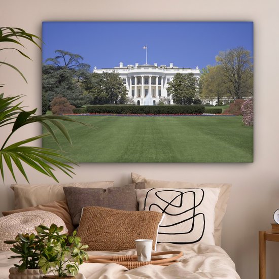 Canvas schilderij 150x100 cm - Wanddecoratie Witte Huis gazon Washington DC - Muurdecoratie woonkamer - Slaapkamer decoratie - Kamer accessoires - Schilderijen op canvas