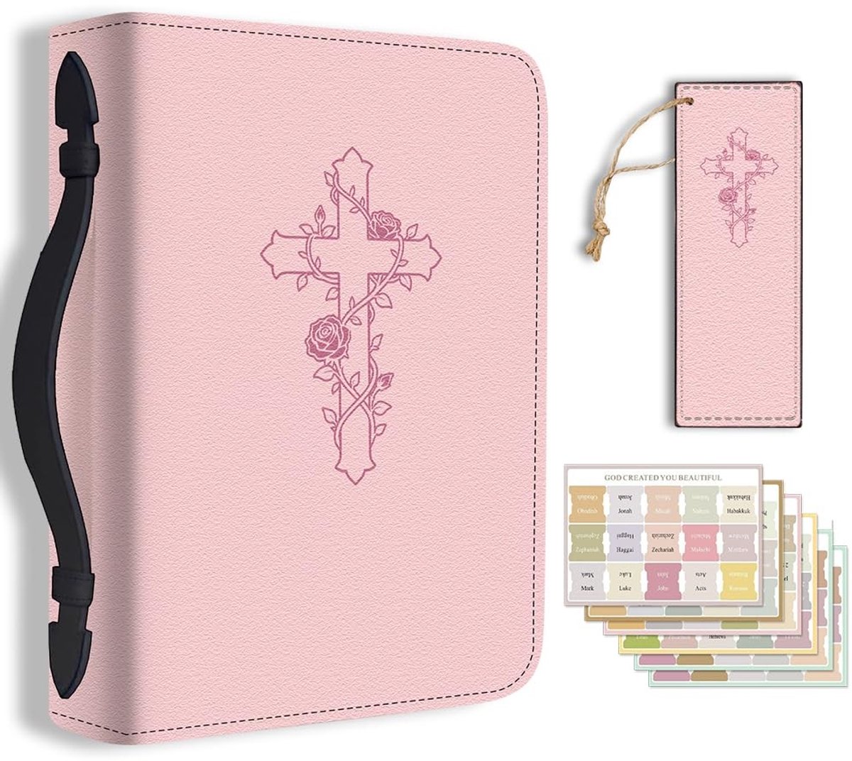 Dailygoods - Grote Bijbel Cover met Roze Kruis en Rozenpatroon