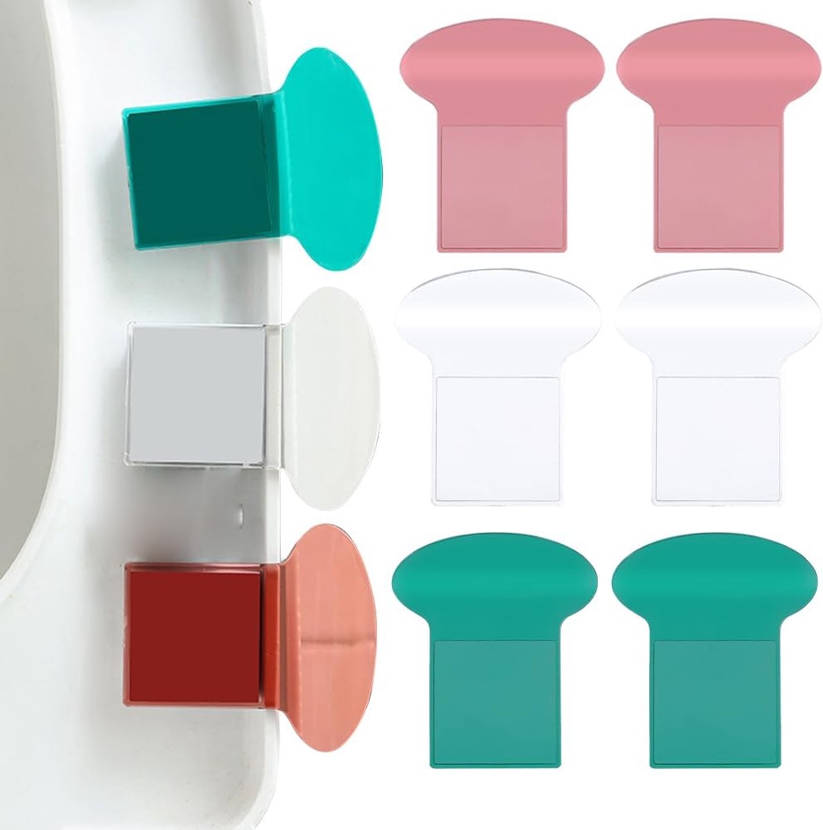 Zes zelfklevende plastic toiletbrilverhogers in drie kleuren: rood, wit en groen. Deze verhogers voorkomen contact met badkameraccessoires en zijn geschikt voor thuis, hotel, kantoor en op reis.