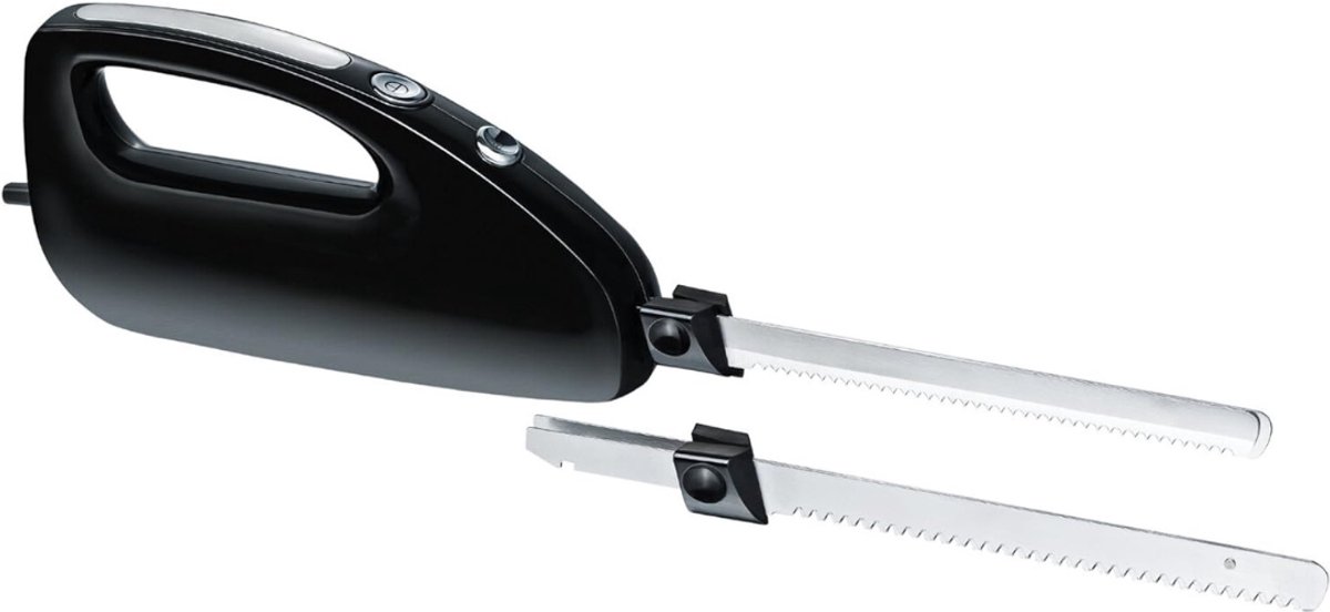 TIM® Elektrisch Broodmes - Elektrisch Mes Met Vingerbescherming – Broodsnijder Incl, Twee Roestvrijstalen Messen - Electrisch Broodmes - Zwart - 43cm x 6cm x 11cm