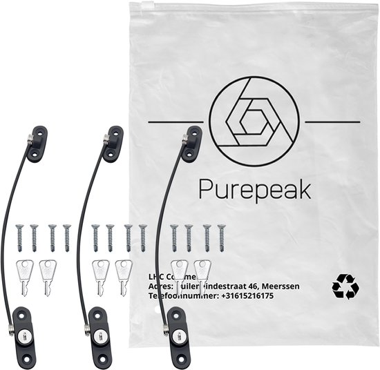 Purepeak raamsloten in verpakking met installatiegegevens.