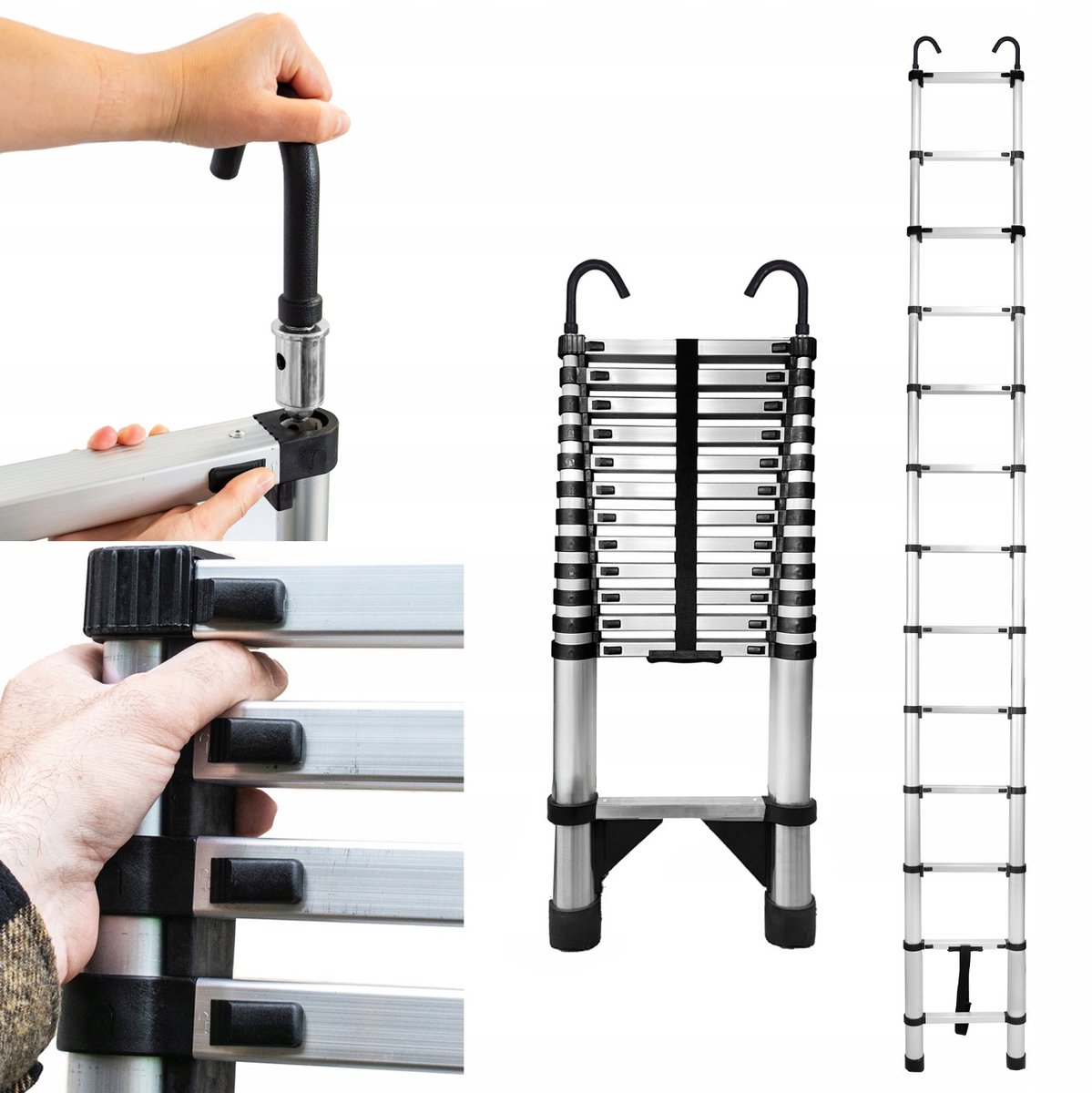 Baulich Telescopische ladder met haken - 13 treden - max 393 cm - staal - draagvermogen 125 kg - automatische vergrendeling - antislip voeten