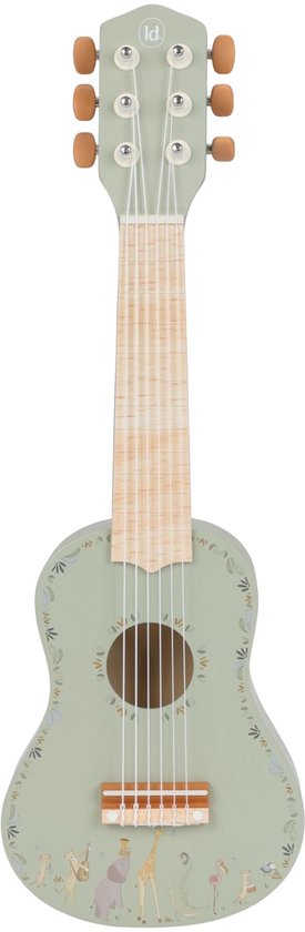 Lichtgroene gitaar met Safari Friends print. Met zes snaren en houten stemknoppen.