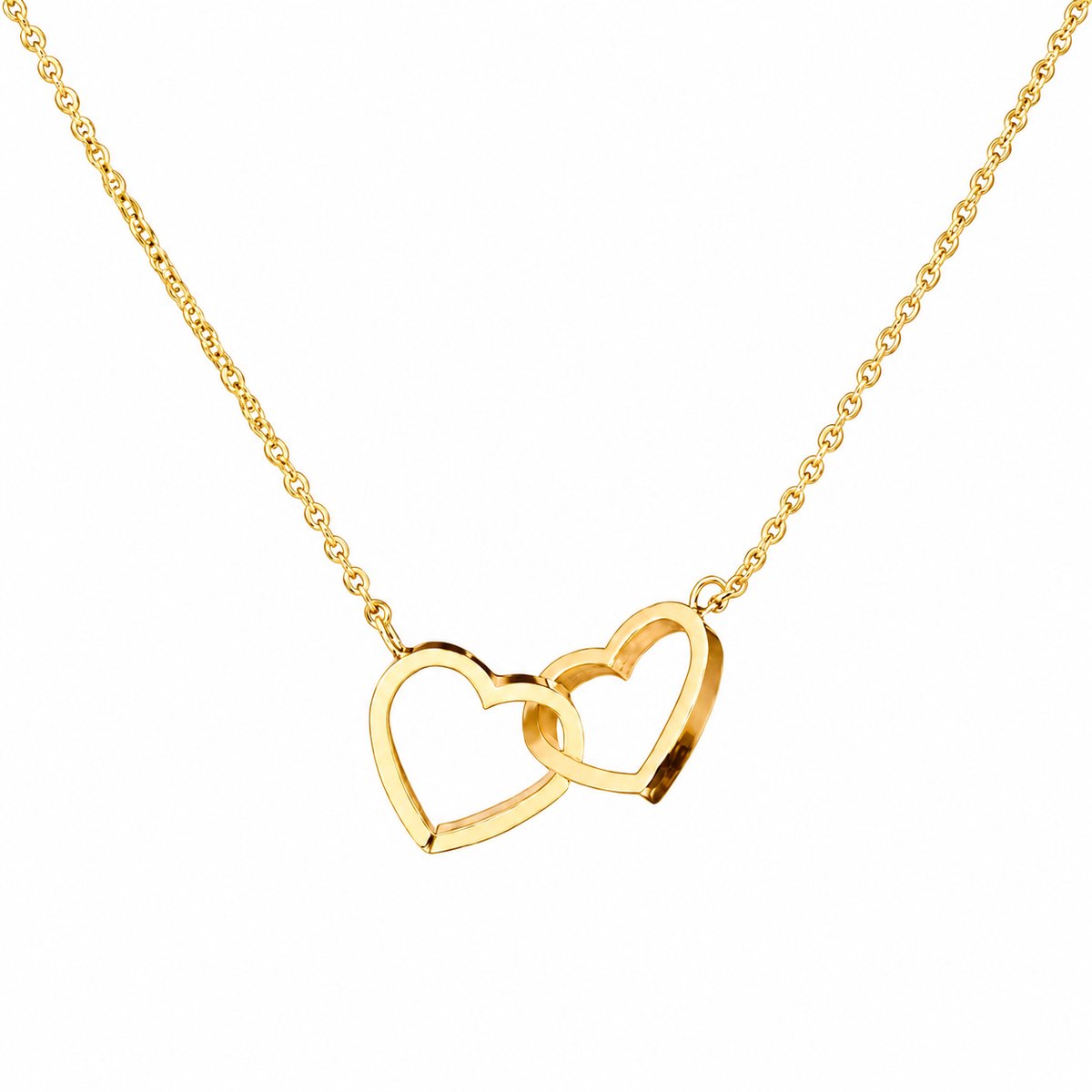 Engravia by Derya – Dames Ketting – Stainless Steel Goudkleurig – Dubbele Open Hartjes Ketting – Minimalistische Liefdes Ketting – Elegant Cadeau voor Haar