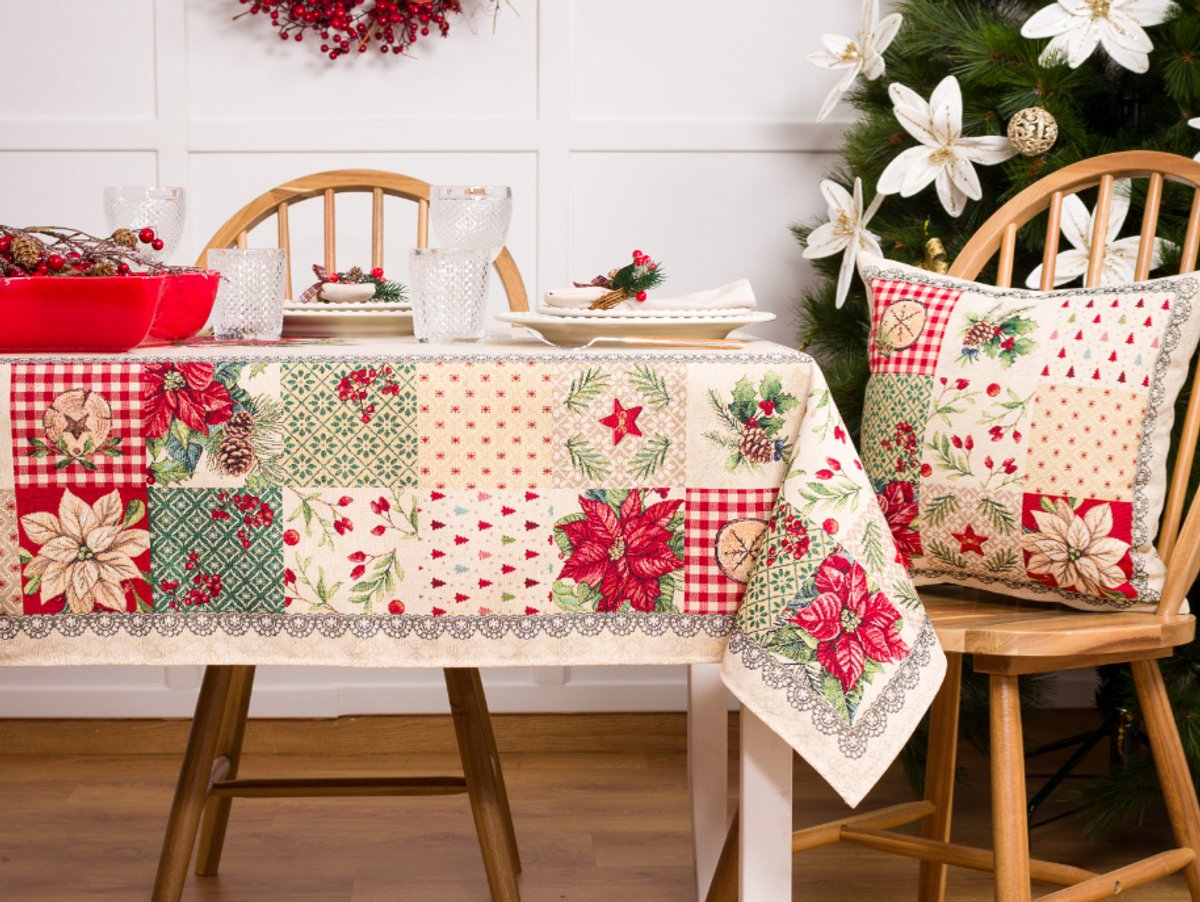 Tafelkleed – Kerst – Serena – Vlakken – Kerstroos & hulst – Rechthoek 250 x 160 cm