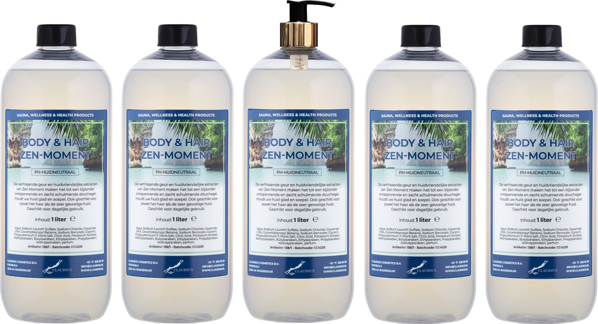 Body & Hair Zen Moment 1 liter met gouden pomp - set van 5 stuks - 2 in 1 voor lichaam en haar - voordeelverpakking