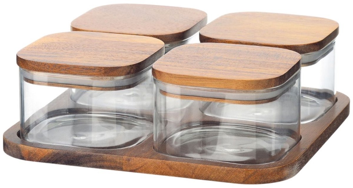 Bricard Glazen Vershoudbakjes - 5-delig - Acacia Hout - BPA vrij - Glas