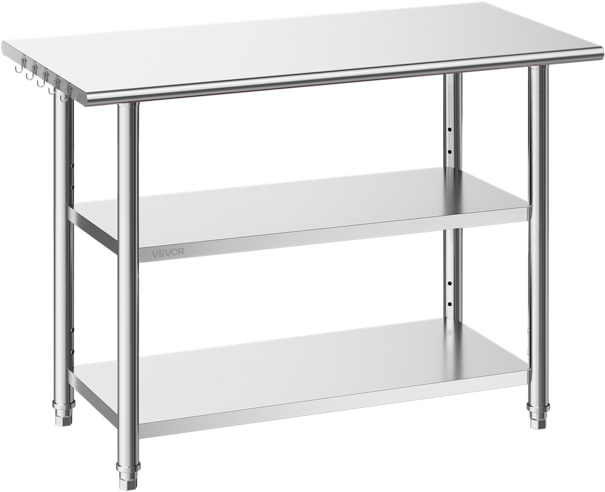 Vevor Catering Werktafel 1219 X 610 X 864 mm, Roestvrijstalen Tafel met 3 Niveaus en in Hoogte Verstelbare Schappen, Draagvermogen Blad 245 kg en 2 Onderste Schappen Elk 204 kg, Voorbereidingstafel voor Restaurants Zilver