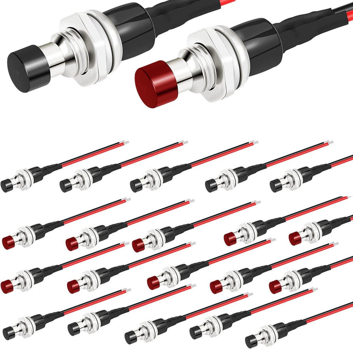 Dailygoods - Dailygoody - 20pcs Mini Ronde Momentary Knop 3V-24V, Pre-Wired Push Button Schakelaar (Rood/Zwart)