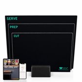 Drie zwarte glazen snijplanken met de teksten "CUT", "PREP", "SERVE" en een houder.