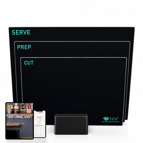 Trois planches à découper en verre noir avec les textes "CUT", "PREP", "SERVE" et un support.