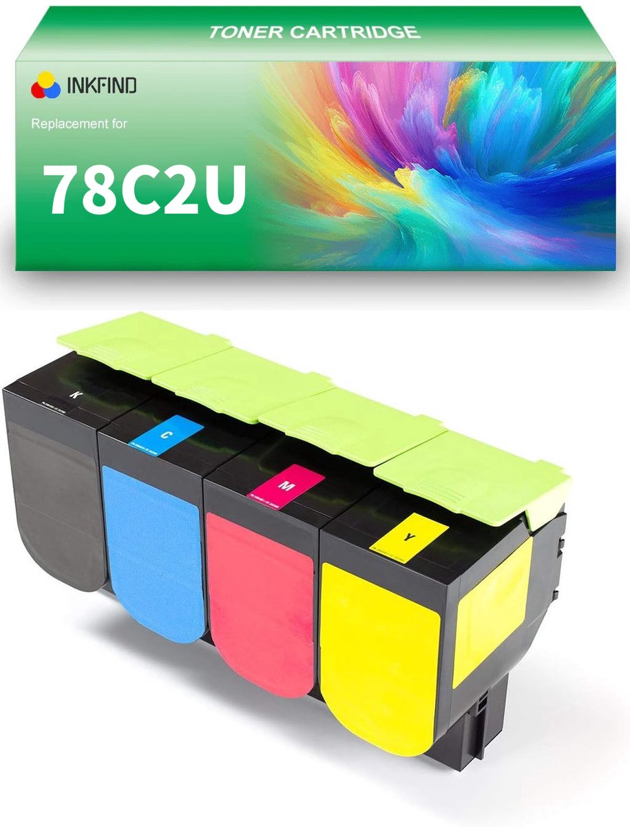 INKFIND 78C2U Zwart/Cyaan/Magenta/Geel tonercartridge compatibel met Lexmark 78C2UK0 78C2UC0 78C2UM0 78C2UY0 geschikt voor Lexmark CS421/CS421dn/CS521/CS521dn/CS622/CS622de - 4-pack BK/C/M/Y