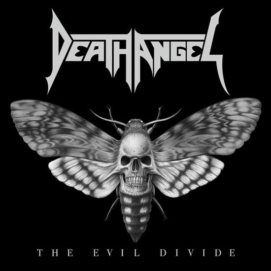Pochette album "The Evil Divide" de Death Angel, image noir et blanc d'un Sphinx tête de mort, avec un crâne sur son torse.