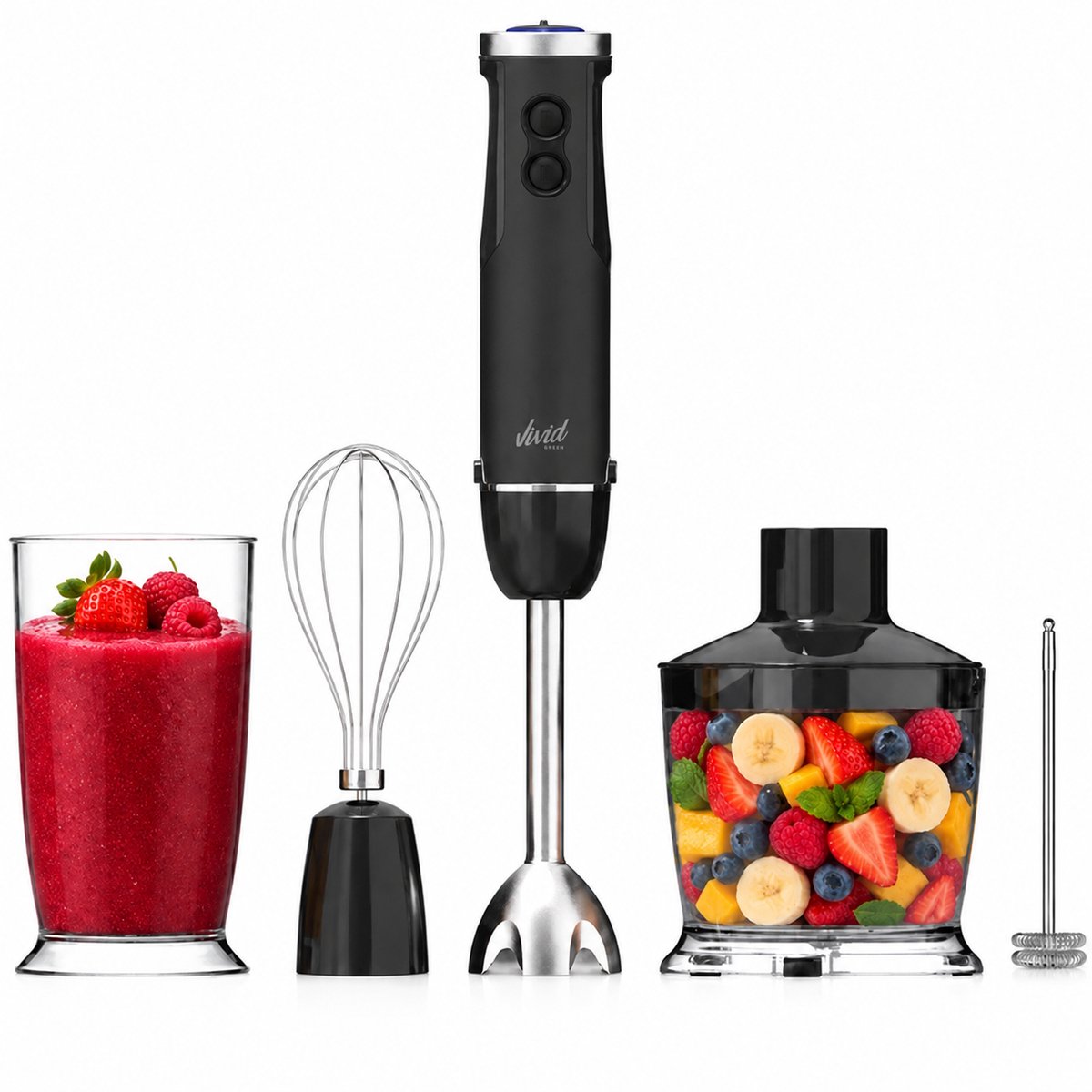 Staafmixer 5-in-1 Set - 1000W - Vaatwasserbestendig - Incl. Hakmolen, garde, melkopschuimer & Maatbeker - 12 Snelheden + Turbofunctie - Zwart - Vivid Green