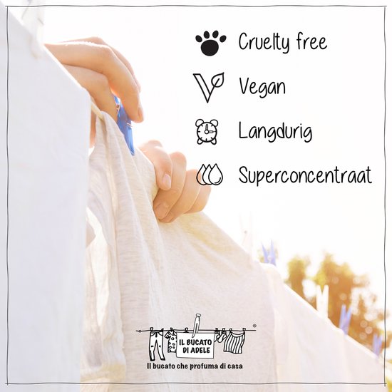 Kleding hangt te drogen in de zon, met iconen voor Cruelty free, Vegan, Langdurig en Superconcentraat.