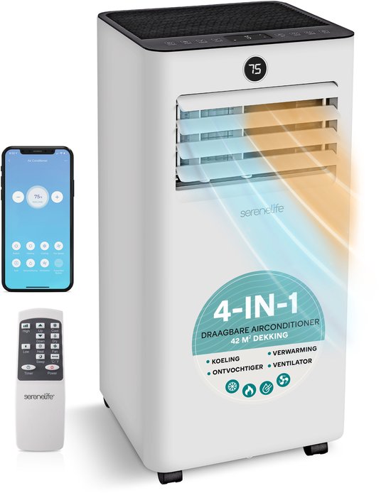 Mobiele airco 9000 BTU met verwarming 7000 BTU, WiFi, koelen, ontvochtigen, timer, raamkit, stil (31 m²)