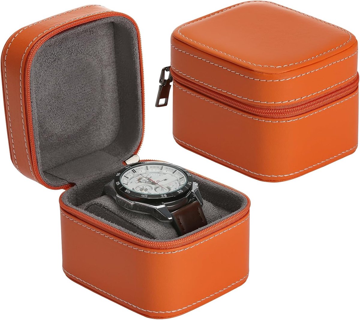 Enkele horlogedoos, kleine reiskoffertjes voor heren en dames, draagbare opbergdoosjes met ritssluiting voor polshorloges, voorzien van uitneembaar kussentje (oranje)