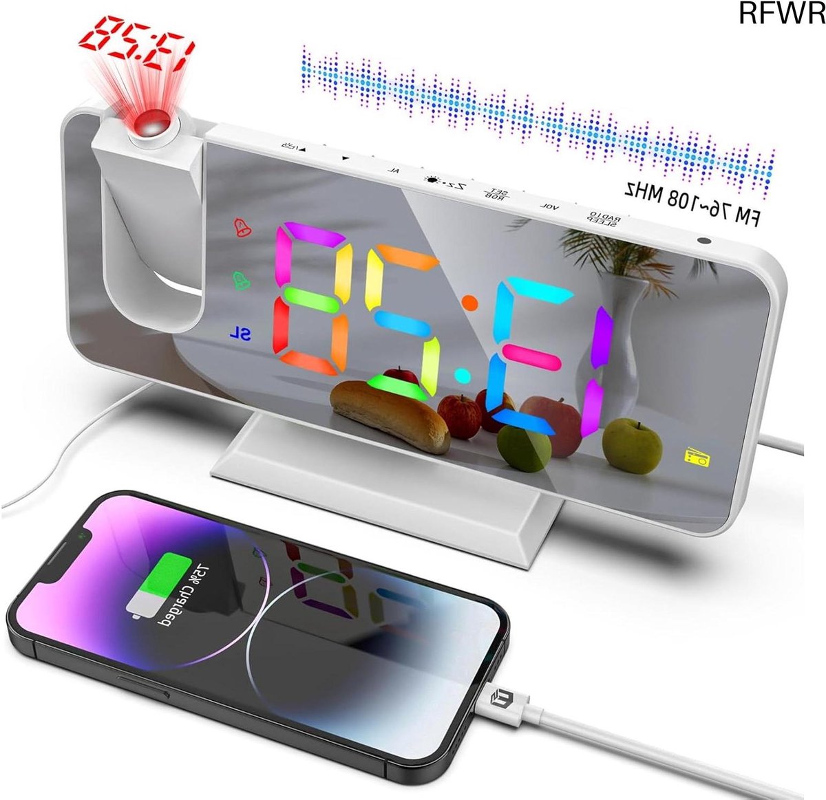 RGB Projectieklok met Dubbel Alarm en USB-Oplaadpoort voor Slaapkamer
