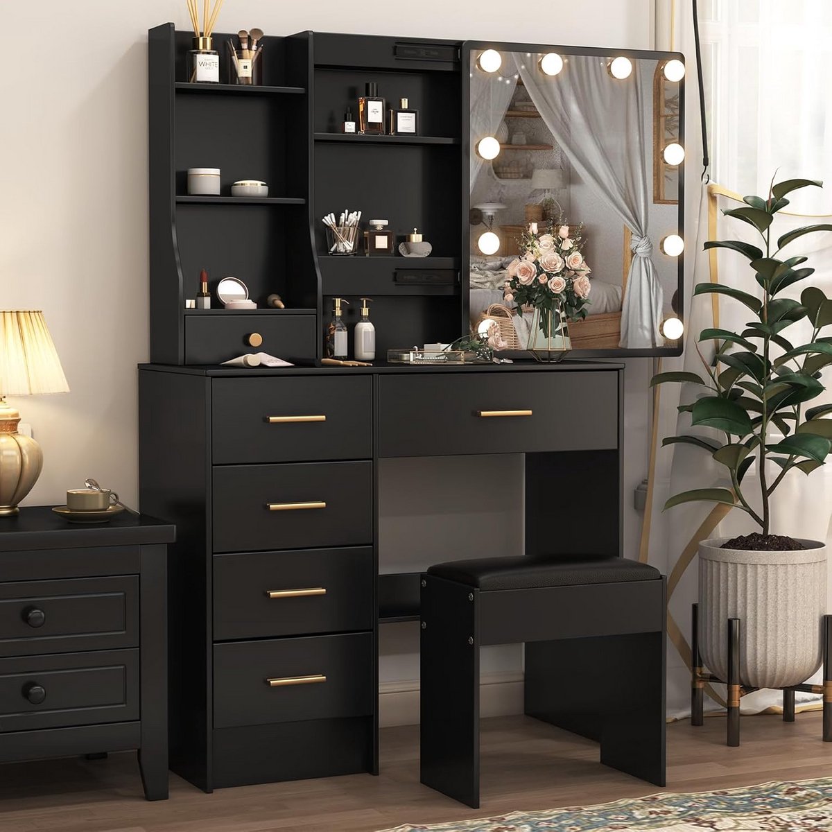 Make up Tafel - Kaptafel Zwart - Toilettafel - Cosmetica Organizer