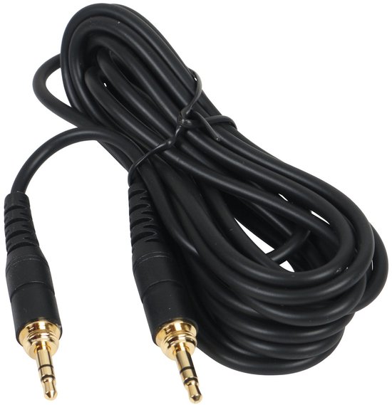 Zwarte, gekrulde audiokabel met vergulde 6.3mm en 3.5mm aansluitingen.