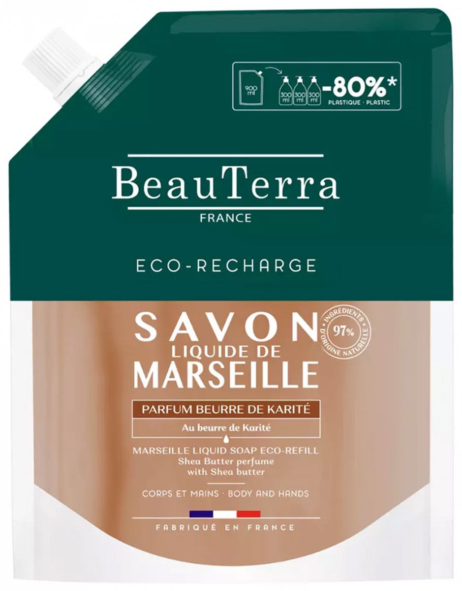 BeauTerra Vloeibare Marseillezeep Sheaboter Eco-Refill 900 ml