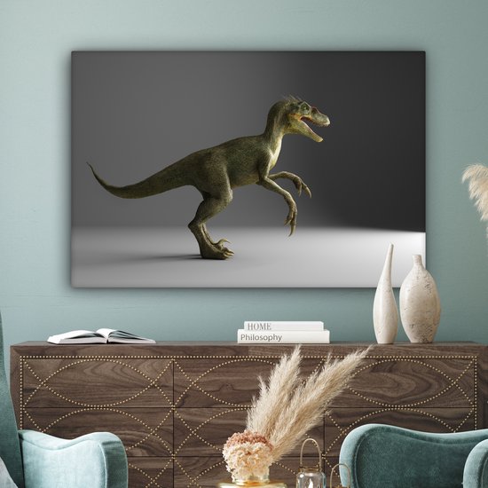 Canvas schilderij 150x100 cm - Wanddecoratie Velociraptor - Dinosaurus - Grijs - Muurdecoratie woonkamer - Slaapkamer decoratie - Kamer accessoires - Schilderijen op canvas