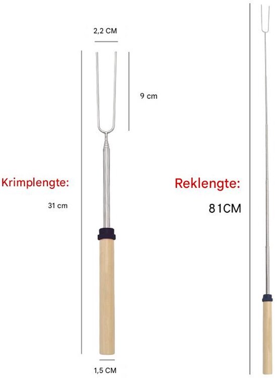 8-stuks Hotpot vorkenset - Hotpot vork - BBQ vork - Roestvrijstalen vork - Kaasfondue vork - Telescopische vork - 31-81 cm - Houten handvat - Geschikt voor het roosteren van marshmallows, hotdogs, worstjes, groenten, enz. - Houtkleur — afbeelding 3