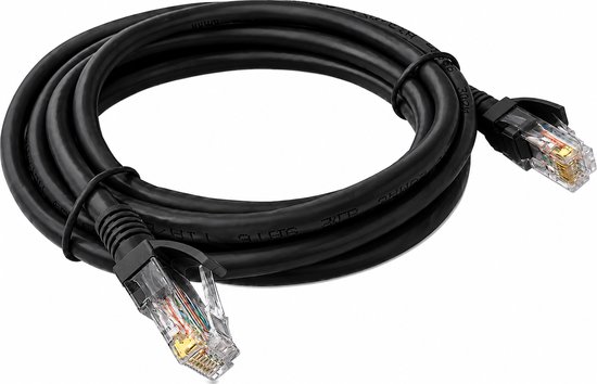 Zwarte NexCable CAT6 UTP kabel met transparante RJ45 connectoren.