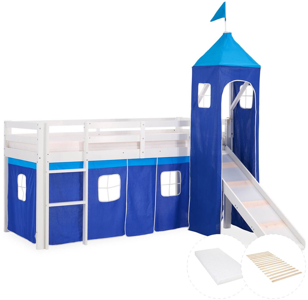 Homestyle4u Hoogslaper - 90x200 cm - met matras - toren - glijbaan - ladder en gordijn blauw Wit