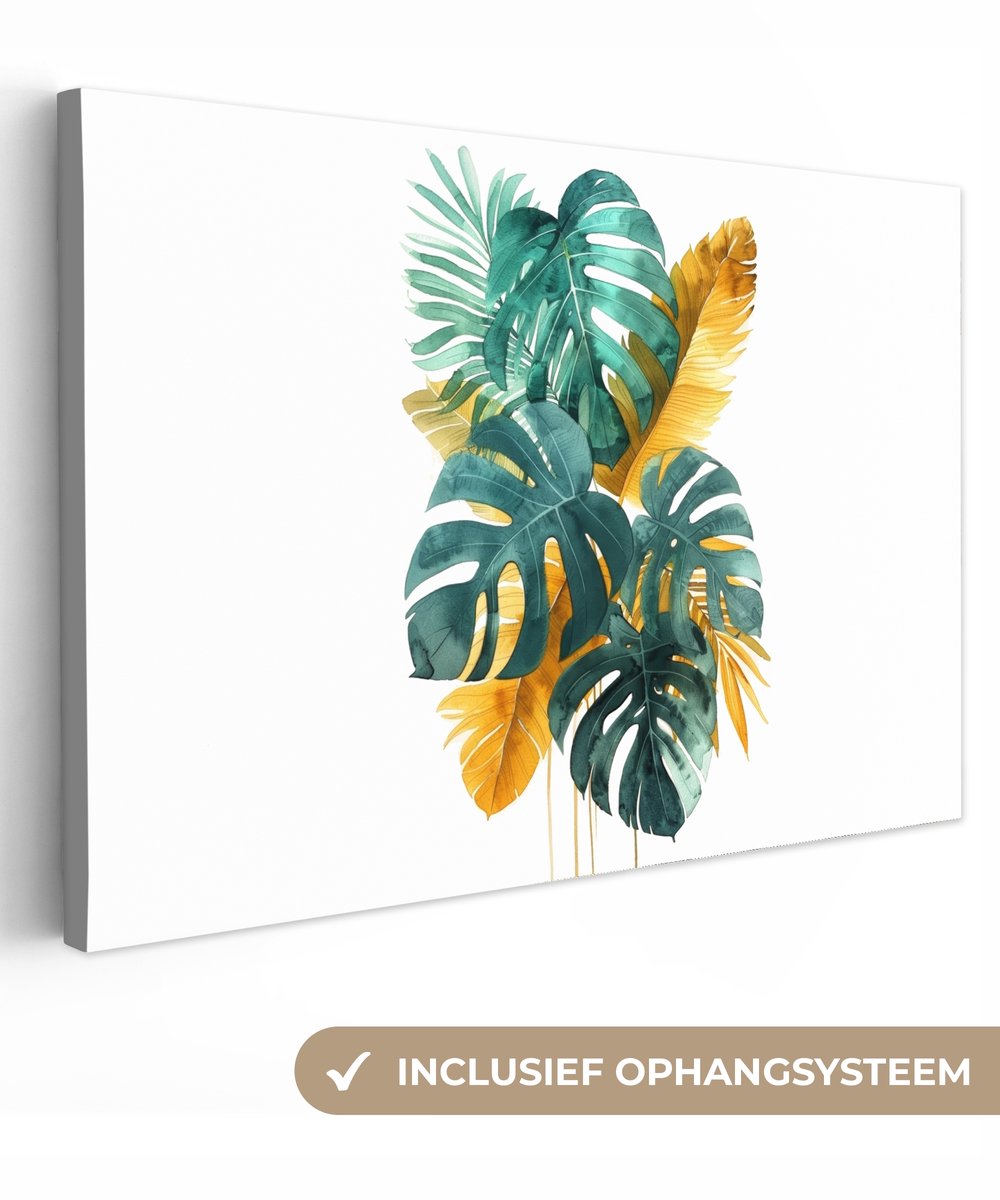 Canvas schilderij 150x100 cm - Wanddecoratie badkamer Bladeren - Tropisch - Goud - Groen -