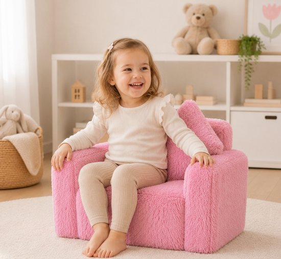 Kindvriendelijke opvouwbare pluchen kinderstoel met zitting en ligfunctie - comfortabel kids relaxfauteuil, roze pluche — afbeelding 3