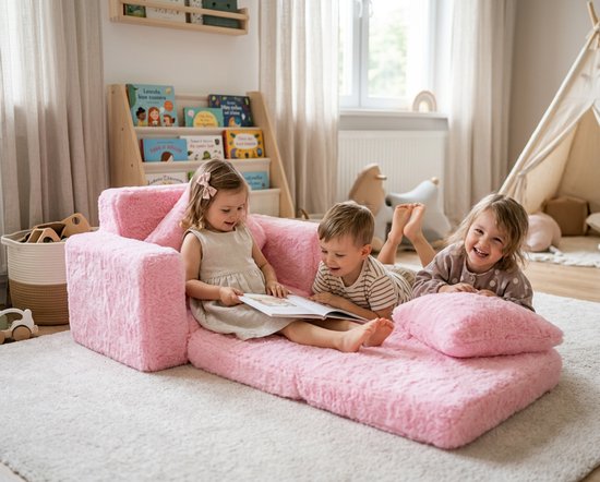 Kindvriendelijke opvouwbare pluchen kinderstoel met zitting en ligfunctie - comfortabel kids relaxfauteuil, roze pluche — afbeelding 5