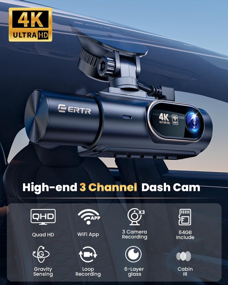 Dashcam Auto 4K 3 Kanaals - Voor, Achter en Interieur Camera - WiFi App - Nachtzicht - 64GB – foto 8