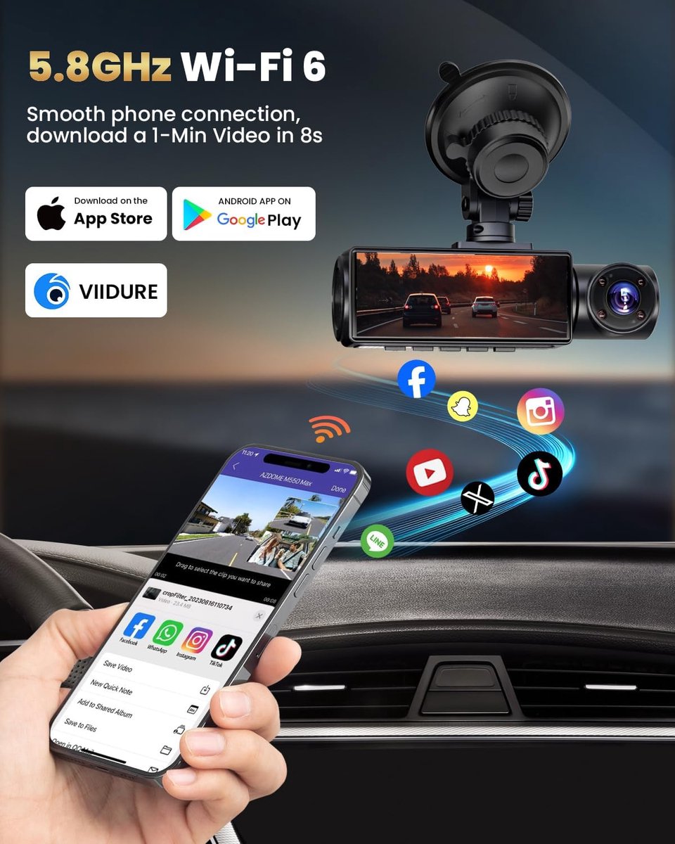 Dashcam Auto 4K 3 Kanaals - Voor, Achter en Interieur Camera - WiFi App - Nachtzicht - 64GB – foto 7