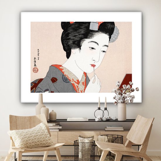 Canvas schilderij 160x120 cm - Wanddecoratie Vintage - Japans - Vrouw - Make up - Muurdecoratie woonkamer - Slaapkamer decoratie - Kamer accessoires - Schilderijen op canvas