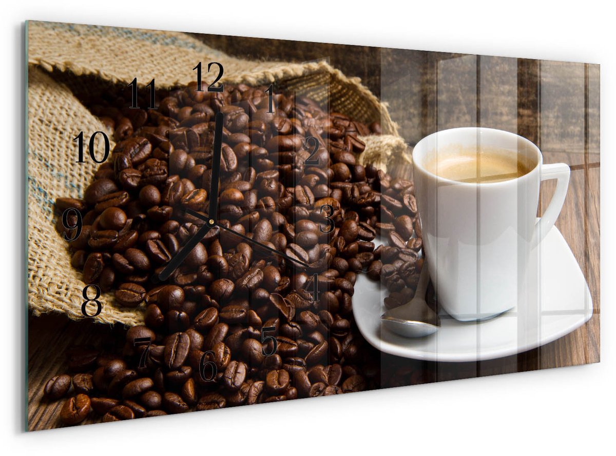 TULUP Wandklok - Koffie Gekleurde Glazen Klok - 60x30 cm - Bruin Glazen Klok Met Print - Zwarte Handen - Rechthoekige Wandklok - Wandklok Glas Decoratie - Gekleurde Glazen Klok Bruin - Koffie