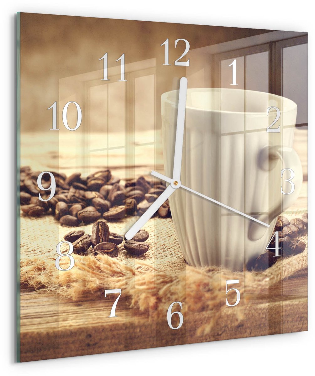 Tulup Wandklok - Koffie Moderne Glazen Wandklok - 30x30 cm - Bruin Wandklok Glas Met Motief - Witte Handen - Vierkante Wandklok - Glazen Wandklok Design - Klok Glas Met Opdruk