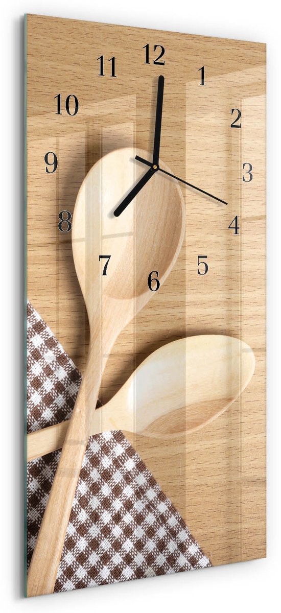 TULUP Wandklok - Lepels Moderne Glazen Wandklok - 30x60 cm - Beige Wandklok Glas Met Motief - Zwarte Handen - Rechthoekige Wandklok - Moderne Wandklok Glas - Wandklok Glas Decoratie Beige - Lepels