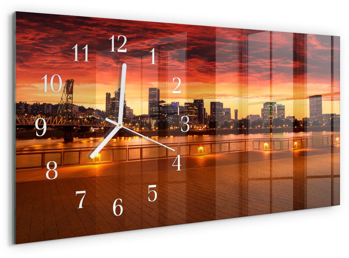 TULUP Wandklok - Zonsondergang Wandklok Glas Decoratie - 60x30 cm - Rood Gekleurde Glazen Klok - Witte Handen - Rechthoekige Wandklok - Wandklok Glas Met Motief - Decoratieve Glazen Klok Rood - Zonsondergang