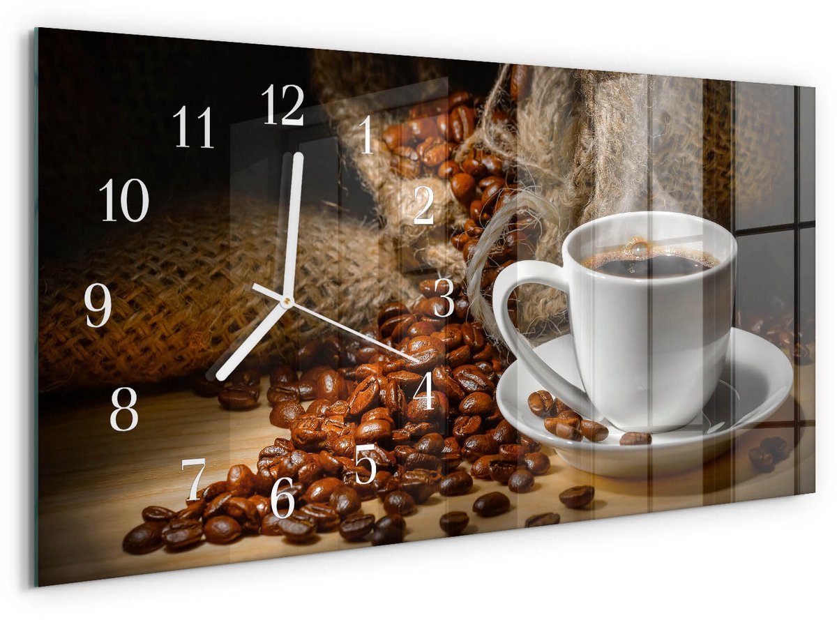 TULUP Wandklok - Koffie Gekleurde Glazen Klok - 60x30 cm - Bruin Glazen Klok Met Print - Witte Handen - Rechthoekige Wandklok - Wandklok Glas Met Motief - Decoratieve Glazen Klok Bruin - Koffie