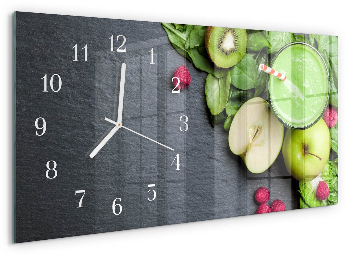 TULUP Wandklok - Fruitsmoothie Wandklok Glas Met Motief - 60x30 cm - Groente Decoratieve Glazen Klok - Witte Handen - Rechthoekige Wandklok - Glazen Klok Met Print - Wandklok Glas Met Motief Groente - Fruitsmoothie
