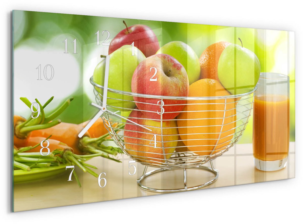 TULUP Wandklok - Fruit en sap Glazen Wandklok Design - 60x30 cm - Groente Klok Glas Met Opdruk - Witte Handen - Rechthoekige Wandklok - Glazen Klok Met Print - Wandklok Glas Met Motief Groente - Fruit en sap