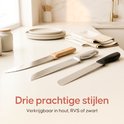 Drie Broba broodmessen met gekartelde bladen: één met houten handvat, één zilverkleurig RVS, en één met zwart handvat. "Drie prachtige stijlen"