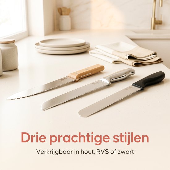 Drie Broba broodmessen met gekartelde bladen: één met houten handvat, één zilverkleurig RVS, en één met zwart handvat. "Drie prachtige stijlen"